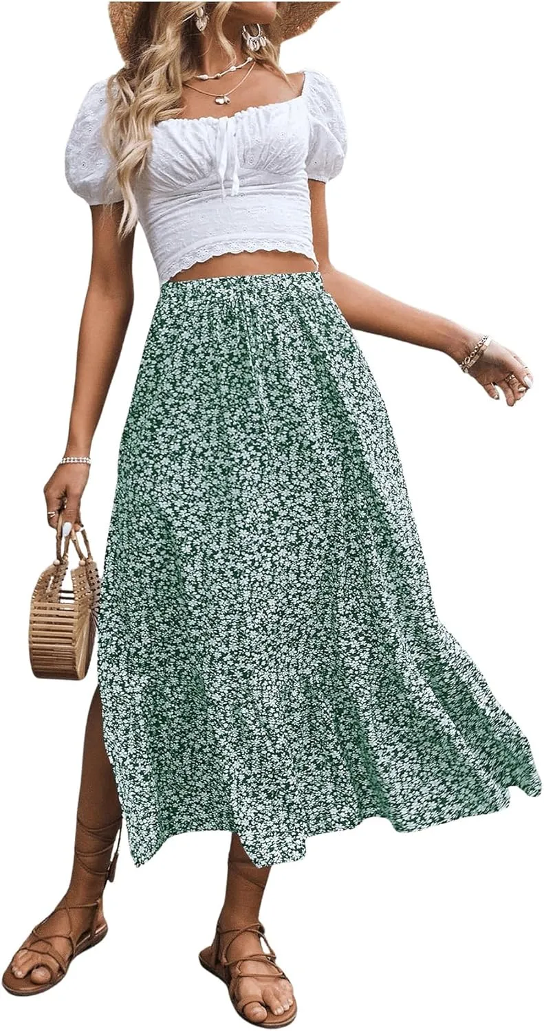 SweatyRocks Women's Casual High Waist Floral Print Skirt Split Thigh A Line Maxi Skirts