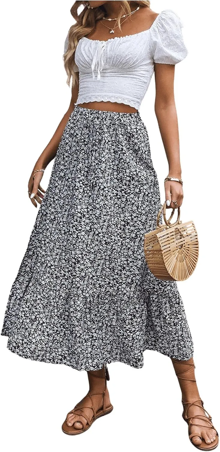 SweatyRocks Women's Casual High Waist Floral Print Skirt Split Thigh A Line Maxi Skirts