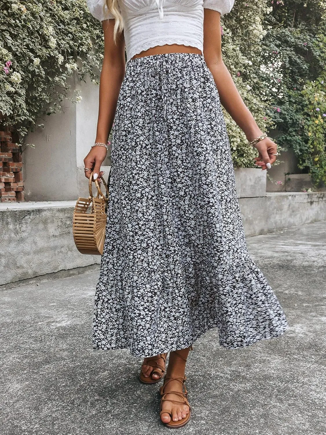 SweatyRocks Women's Casual High Waist Floral Print Skirt Split Thigh A Line Maxi Skirts