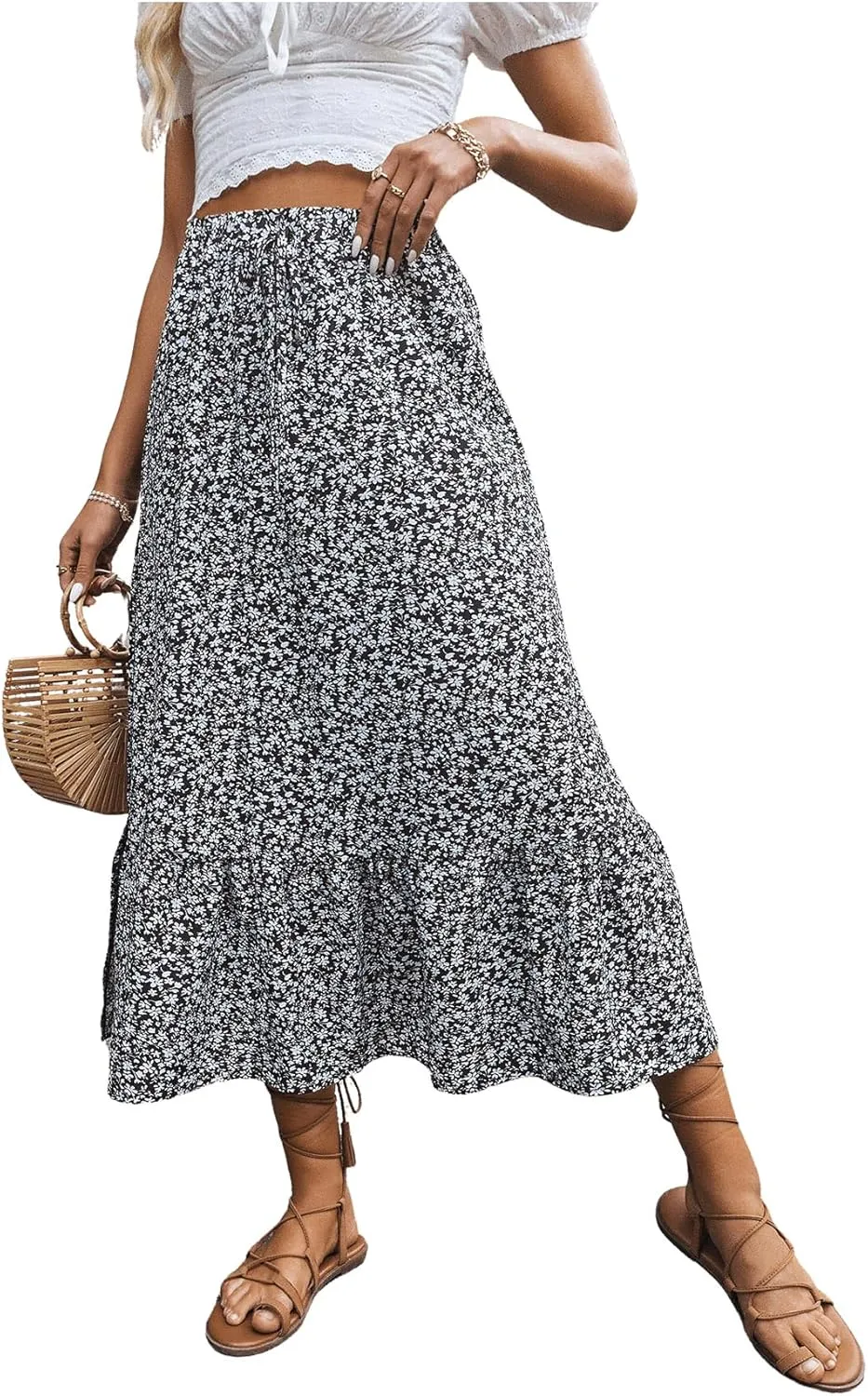 SweatyRocks Women's Casual High Waist Floral Print Skirt Split Thigh A Line Maxi Skirts