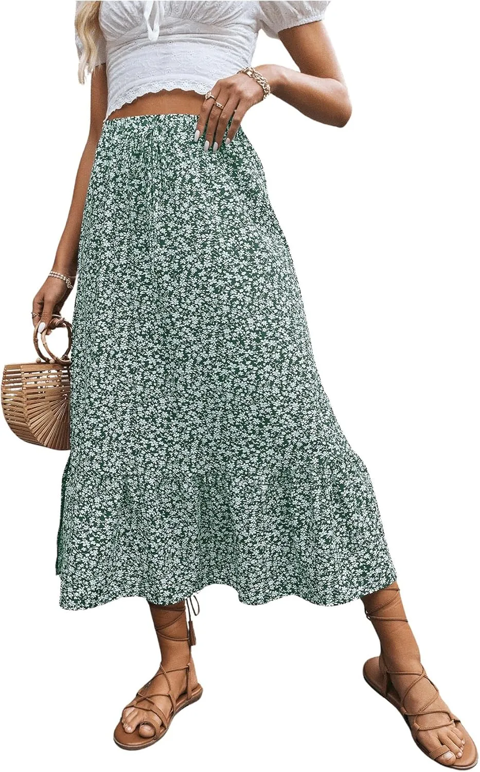 SweatyRocks Women's Casual High Waist Floral Print Skirt Split Thigh A Line Maxi Skirts