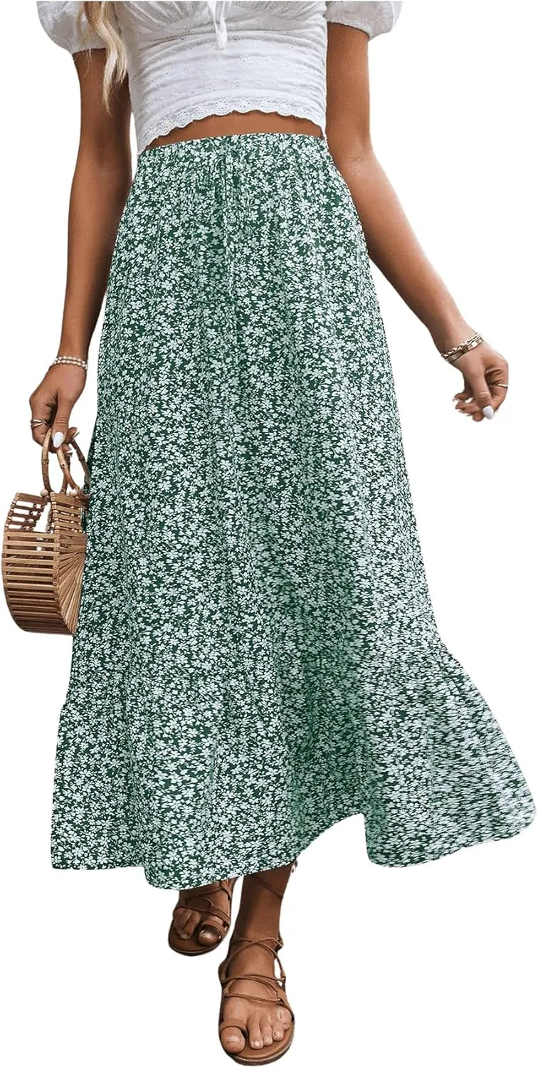 SweatyRocks Women's Casual High Waist Floral Print Skirt Split Thigh A Line Maxi Skirts
