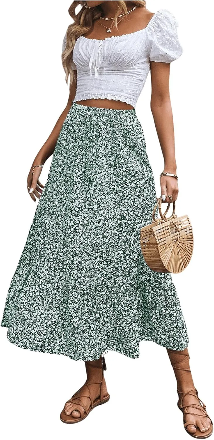 SweatyRocks Women's Casual High Waist Floral Print Skirt Split Thigh A Line Maxi Skirts