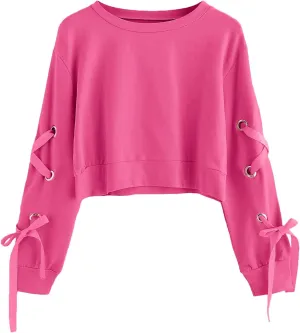SweatyRocks Women's Casual Lace Up Long Sleeve Pullover Crop Top Sweatshirt