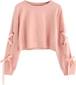 SweatyRocks Women's Casual Lace Up Long Sleeve Pullover Crop Top Sweatshirt