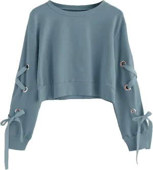 SweatyRocks Women's Casual Lace Up Long Sleeve Pullover Crop Top Sweatshirt
