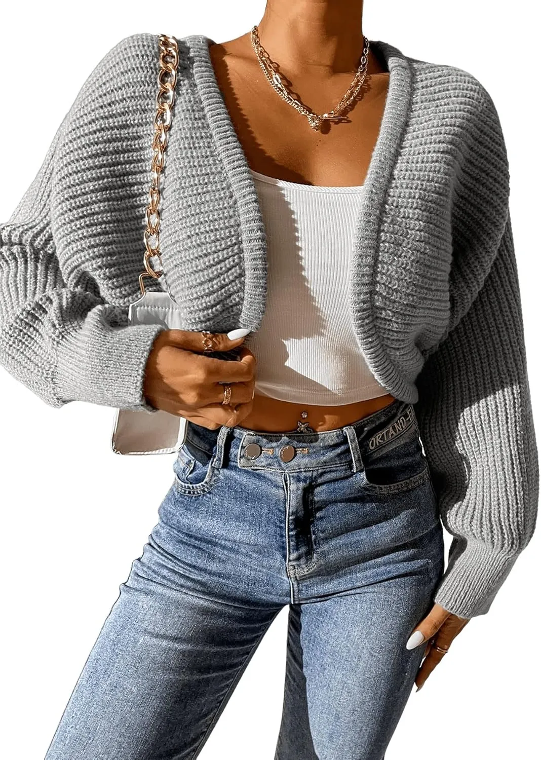 SweatyRocks Women's Casual Long Sleeve Ribbed Knit Top Open Front Cropped Cardigan Sweater