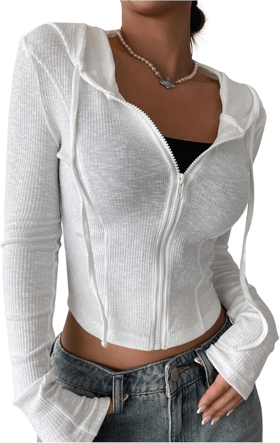 SweatyRocks Women's Crop Hoodie Full Zip Up Long Sleeve Drawstring Cropped Jackets