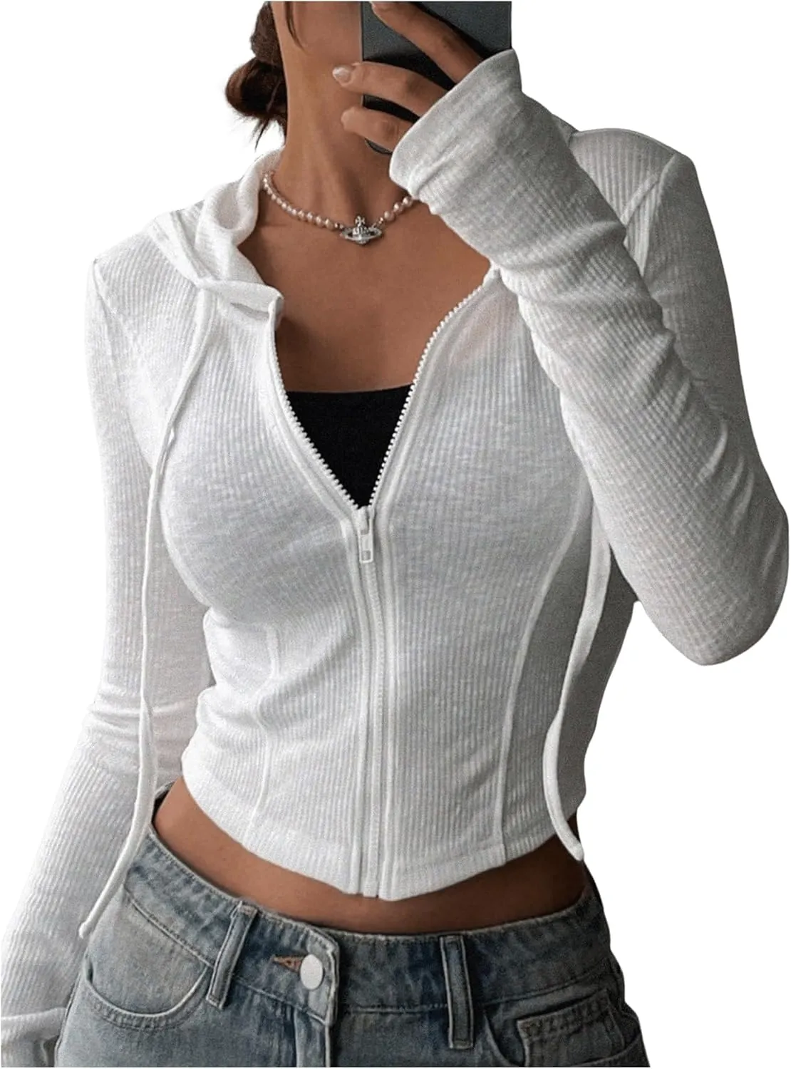 SweatyRocks Women's Crop Hoodie Full Zip Up Long Sleeve Drawstring Cropped Jackets