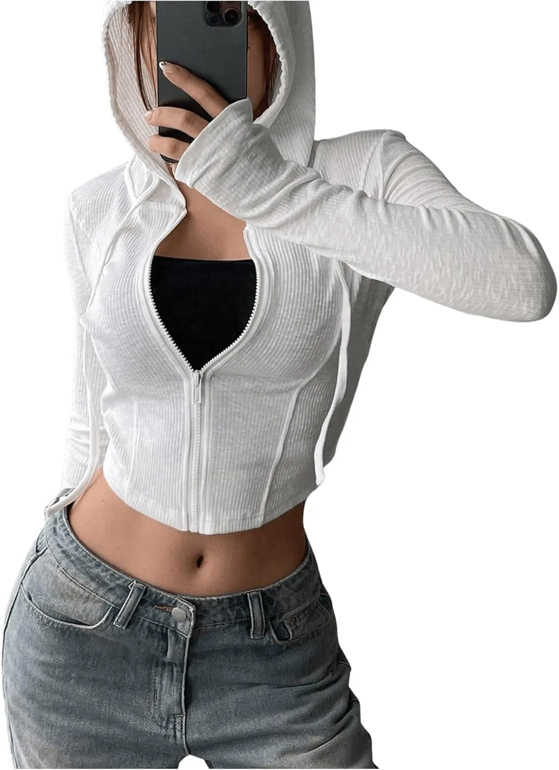 SweatyRocks Women's Crop Hoodie Full Zip Up Long Sleeve Drawstring Cropped Jackets