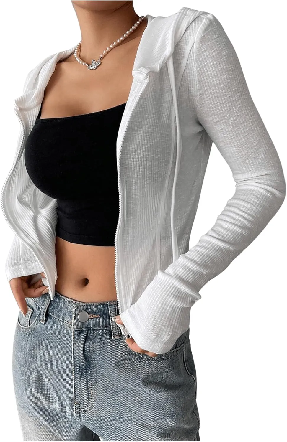 SweatyRocks Women's Crop Hoodie Full Zip Up Long Sleeve Drawstring Cropped Jackets