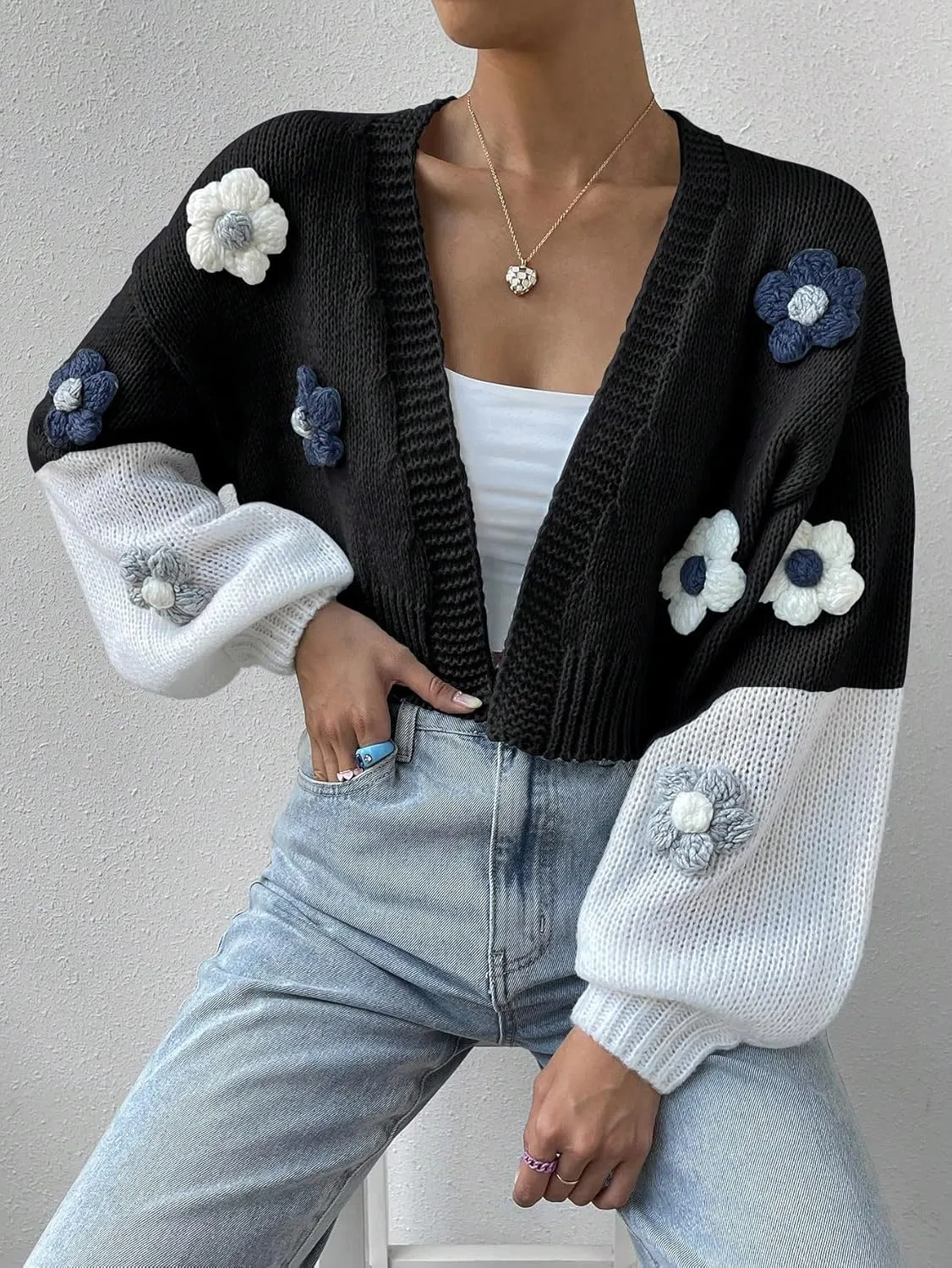 SweatyRocks Women's Graphic Embroidery Long Sleeve Loose Cardigan Open Front Knit Cardigan Crop Sweater