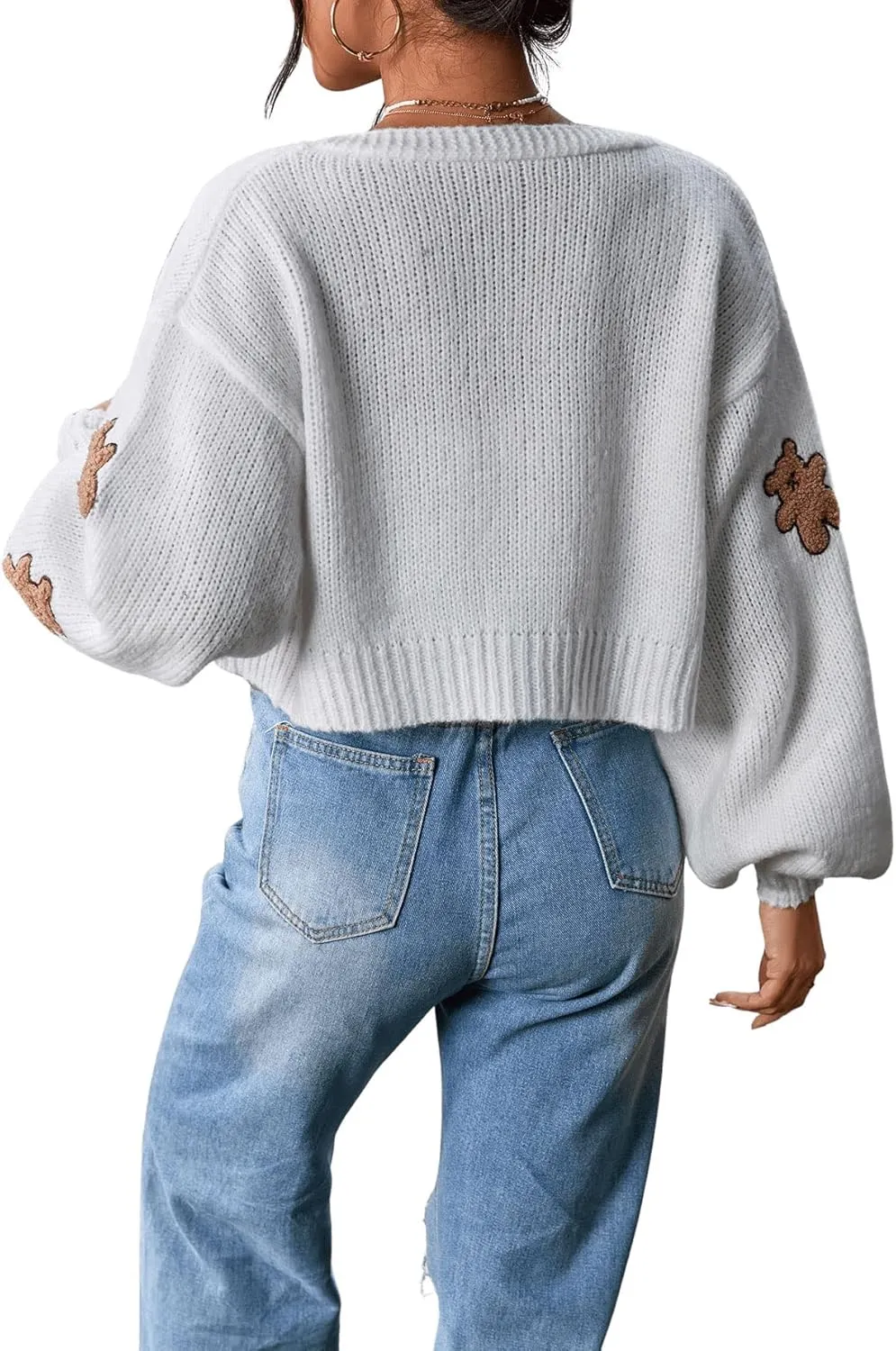 SweatyRocks Women's Graphic Embroidery Long Sleeve Loose Cardigan Open Front Knit Cardigan Crop Sweater