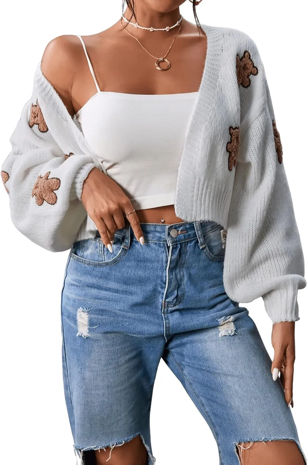 SweatyRocks Women's Graphic Embroidery Long Sleeve Loose Cardigan Open Front Knit Cardigan Crop Sweater