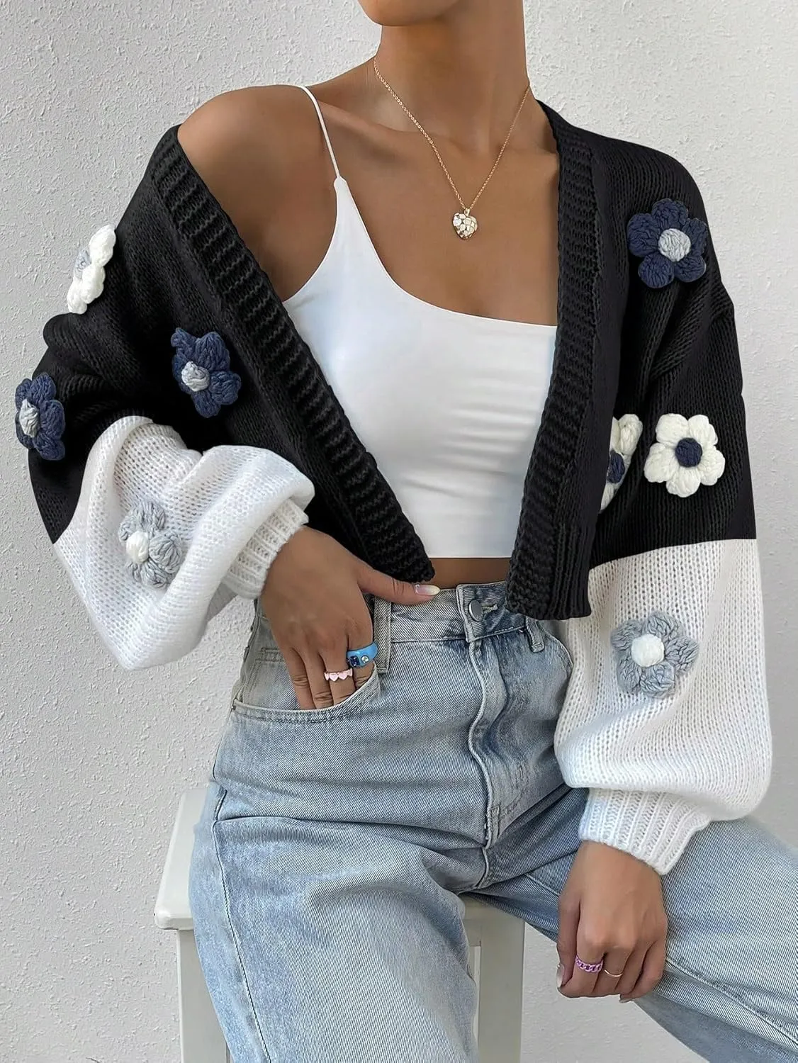 SweatyRocks Women's Graphic Embroidery Long Sleeve Loose Cardigan Open Front Knit Cardigan Crop Sweater