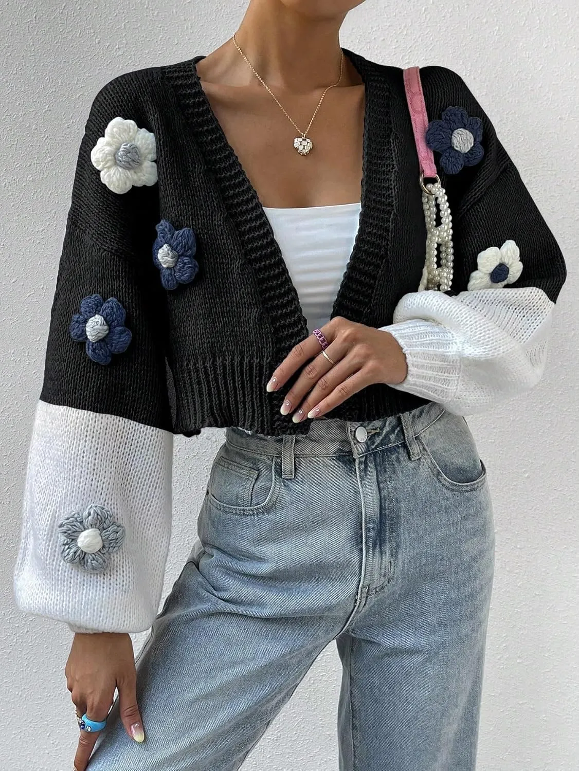 SweatyRocks Women's Graphic Embroidery Long Sleeve Loose Cardigan Open Front Knit Cardigan Crop Sweater
