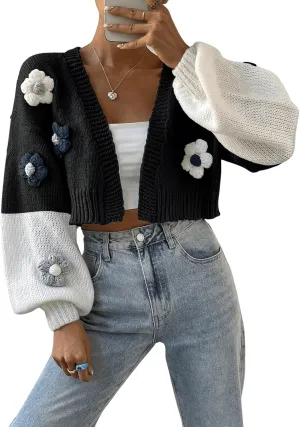 SweatyRocks Women's Graphic Embroidery Long Sleeve Loose Cardigan Open Front Knit Cardigan Crop Sweater