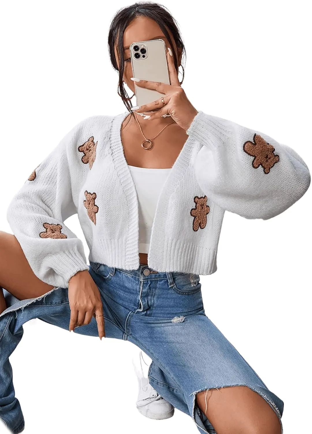 SweatyRocks Women's Graphic Embroidery Long Sleeve Loose Cardigan Open Front Knit Cardigan Crop Sweater