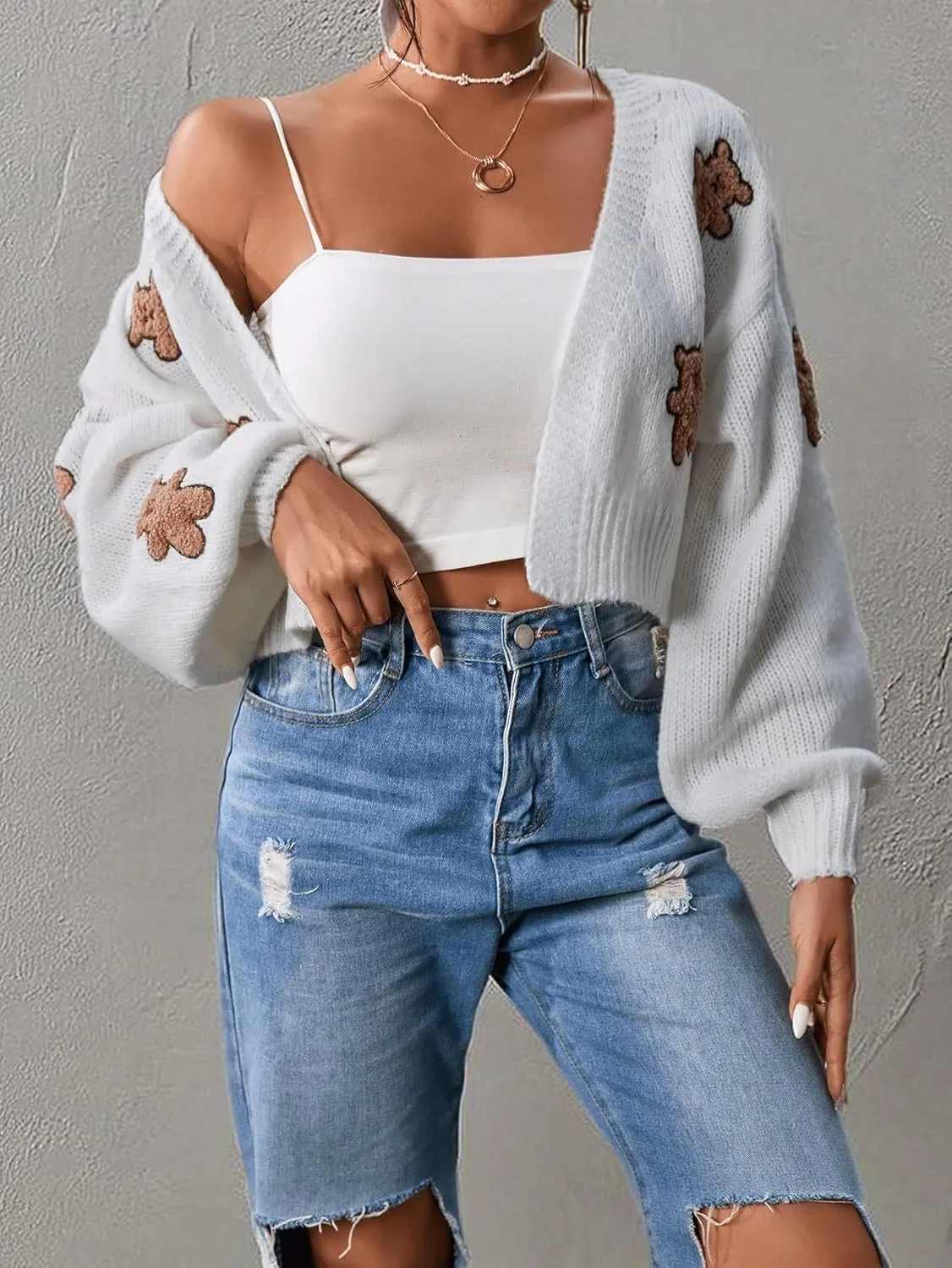 SweatyRocks Women's Graphic Embroidery Long Sleeve Loose Cardigan Open Front Knit Cardigan Crop Sweater