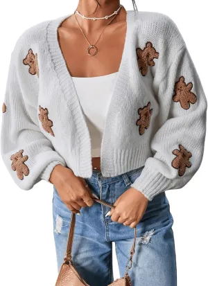 SweatyRocks Women's Graphic Embroidery Long Sleeve Loose Cardigan Open Front Knit Cardigan Crop Sweater
