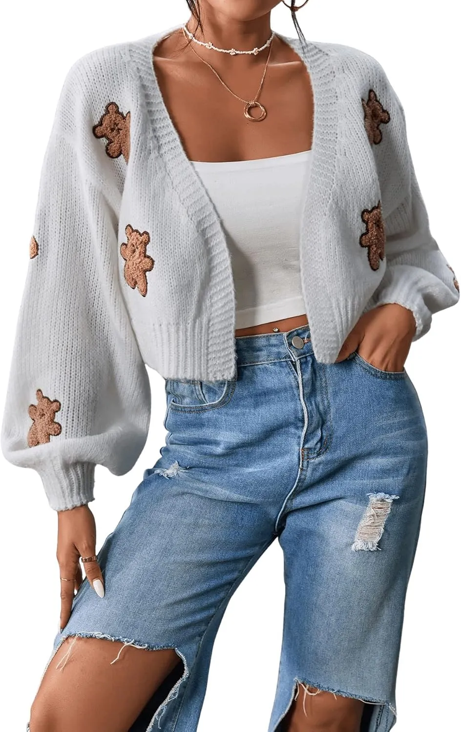 SweatyRocks Women's Graphic Embroidery Long Sleeve Loose Cardigan Open Front Knit Cardigan Crop Sweater