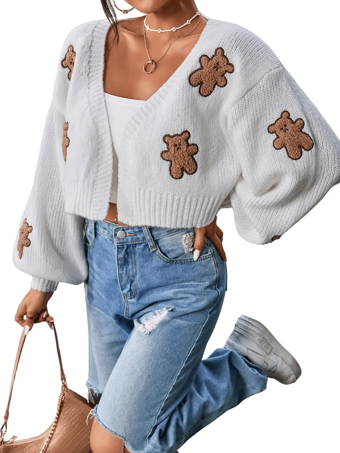 SweatyRocks Women's Graphic Embroidery Long Sleeve Loose Cardigan Open Front Knit Cardigan Crop Sweater