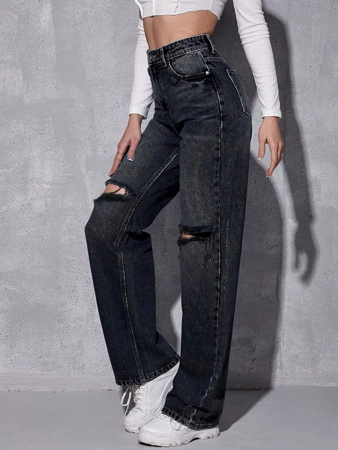 SweatyRocks Women's High Waist Ripped Straight Leg Jeans Boyfriend Style Distressed Denim Pants with Pocket