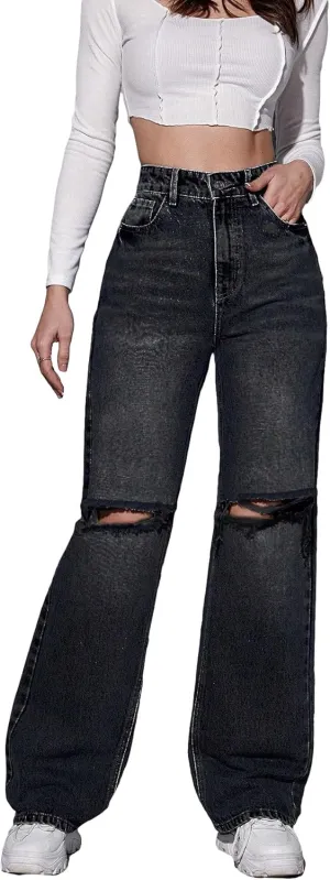 SweatyRocks Women's High Waist Ripped Straight Leg Jeans Boyfriend Style Distressed Denim Pants with Pocket