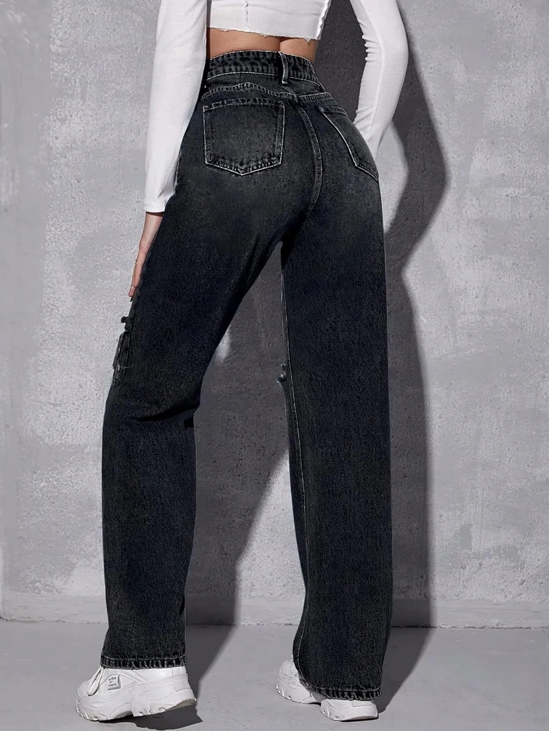 SweatyRocks Women's High Waist Ripped Straight Leg Jeans Boyfriend Style Distressed Denim Pants with Pocket