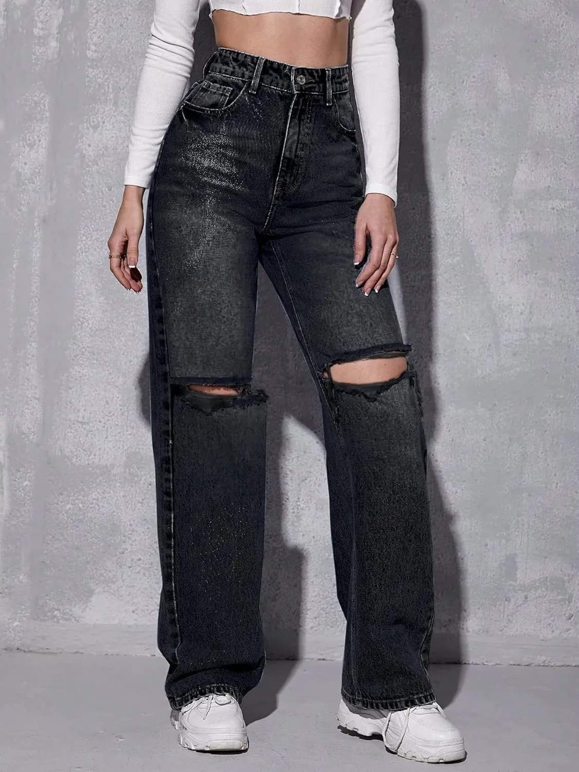SweatyRocks Women's High Waist Ripped Straight Leg Jeans Boyfriend Style Distressed Denim Pants with Pocket