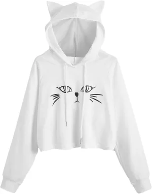 SweatyRocks Women's Long Sleeve Hoodie Crop Top Cat Print Sweatshirt