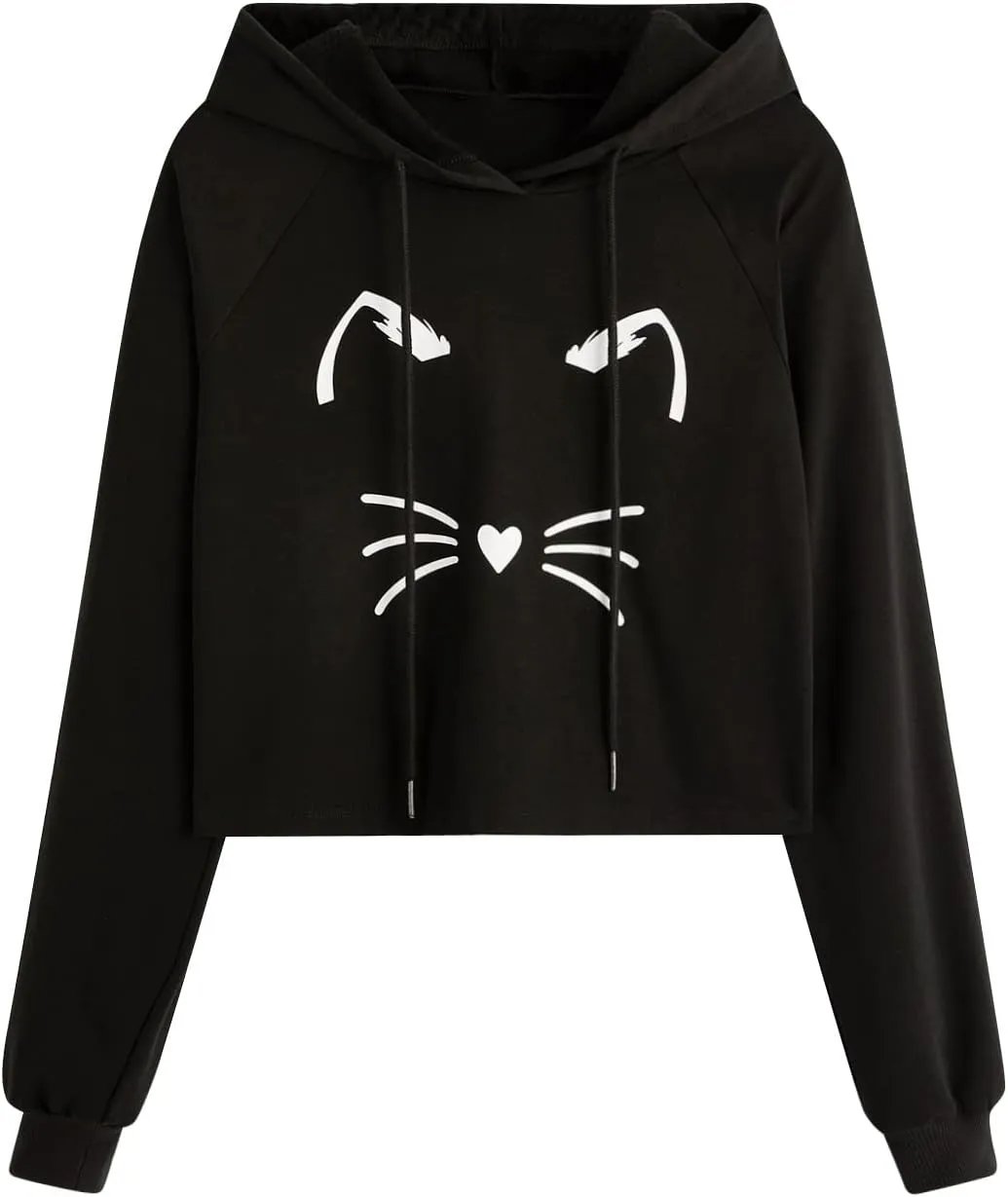 SweatyRocks Women's Long Sleeve Hoodie Crop Top Cat Print Sweatshirt