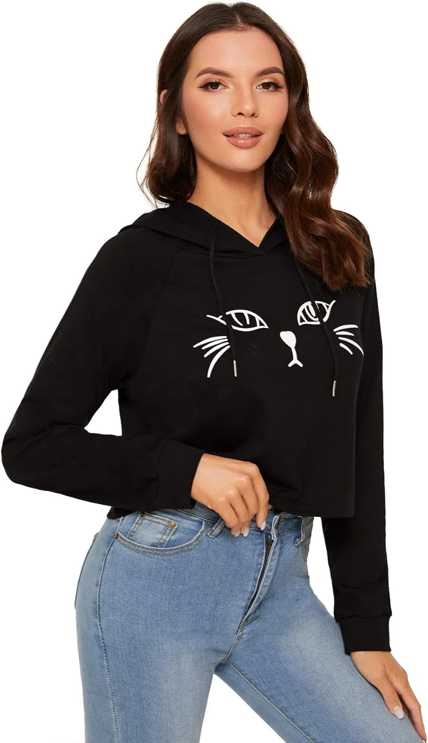 SweatyRocks Women's Long Sleeve Hoodie Crop Top Cat Print Sweatshirt