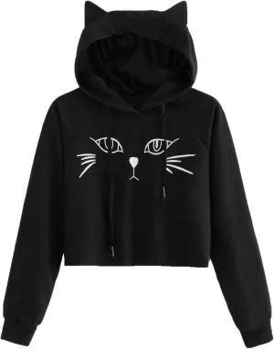 SweatyRocks Women's Long Sleeve Hoodie Crop Top Cat Print Sweatshirt