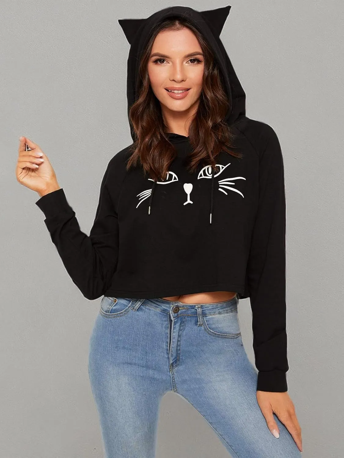 SweatyRocks Women's Long Sleeve Hoodie Crop Top Cat Print Sweatshirt