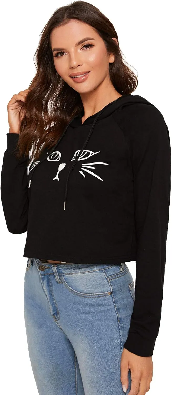 SweatyRocks Women's Long Sleeve Hoodie Crop Top Cat Print Sweatshirt