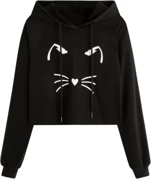 SweatyRocks Women's Long Sleeve Hoodie Crop Top Cat Print Sweatshirt