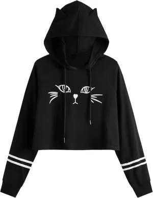 SweatyRocks Women's Long Sleeve Hoodie Crop Top Cat Print Sweatshirt
