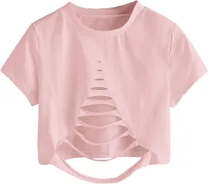 SweatyRocks Women's Short Sleeve Cutout Tee Shirt Distressed Crop Top