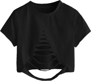 SweatyRocks Women's Short Sleeve Cutout Tee Shirt Distressed Crop Top
