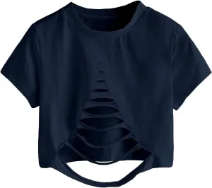 SweatyRocks Women's Short Sleeve Cutout Tee Shirt Distressed Crop Top