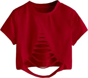 SweatyRocks Women's Short Sleeve Cutout Tee Shirt Distressed Crop Top