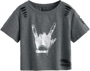 SweatyRocks Women's Short Sleeve T Shirt Graphic Print Distressed Crop Top
