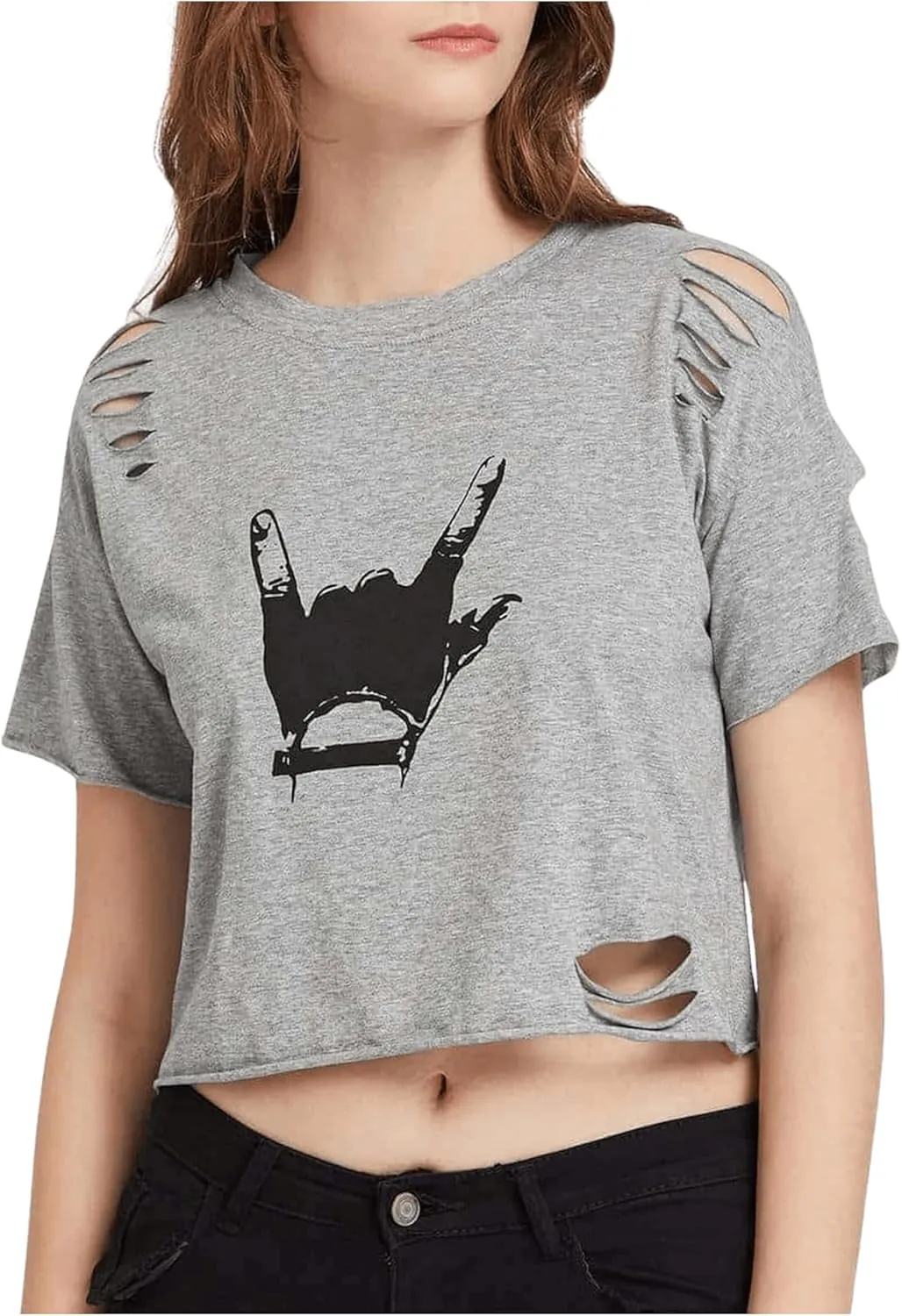 SweatyRocks Women's Short Sleeve T Shirt Graphic Print Distressed Crop Top