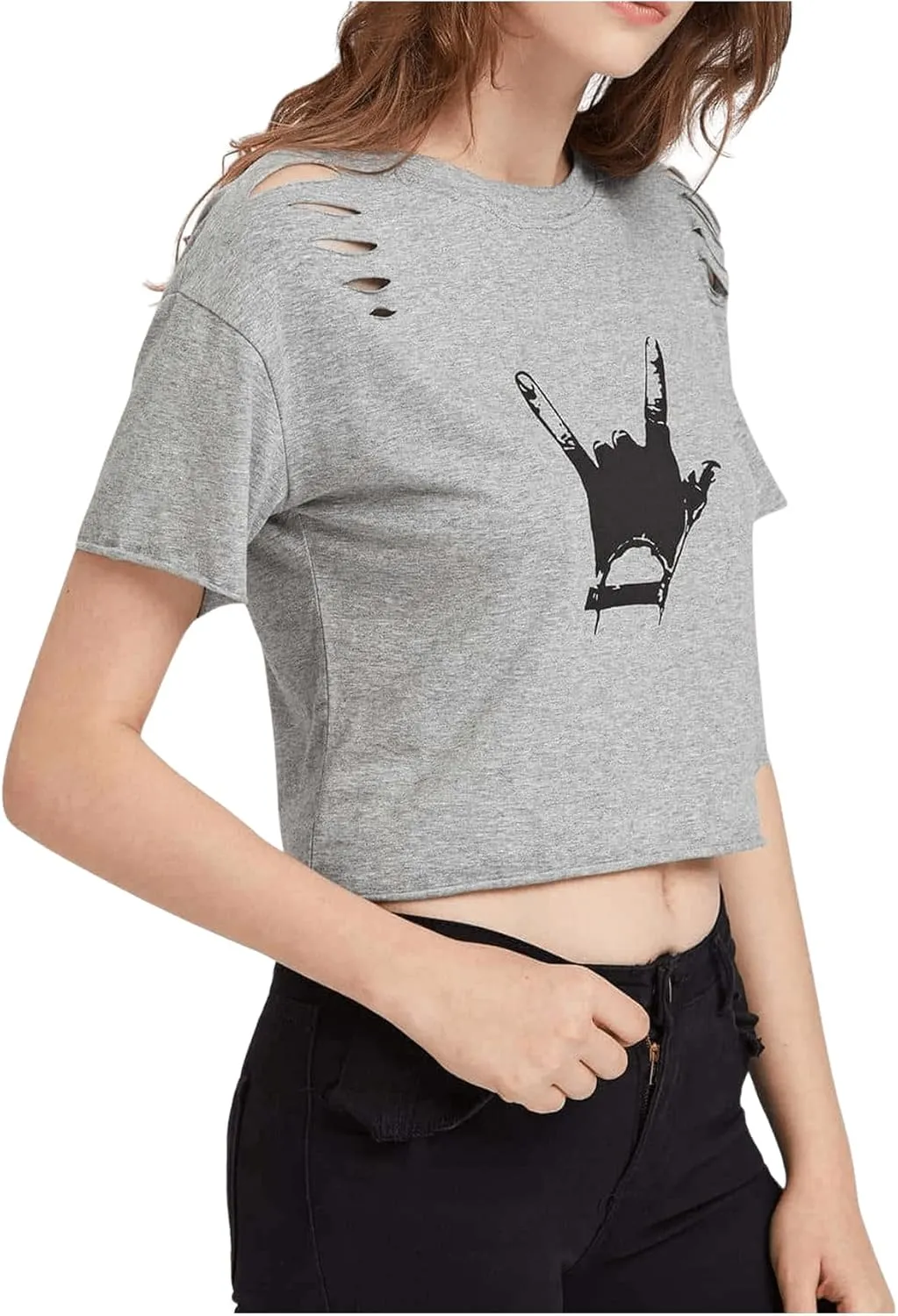 SweatyRocks Women's Short Sleeve T Shirt Graphic Print Distressed Crop Top