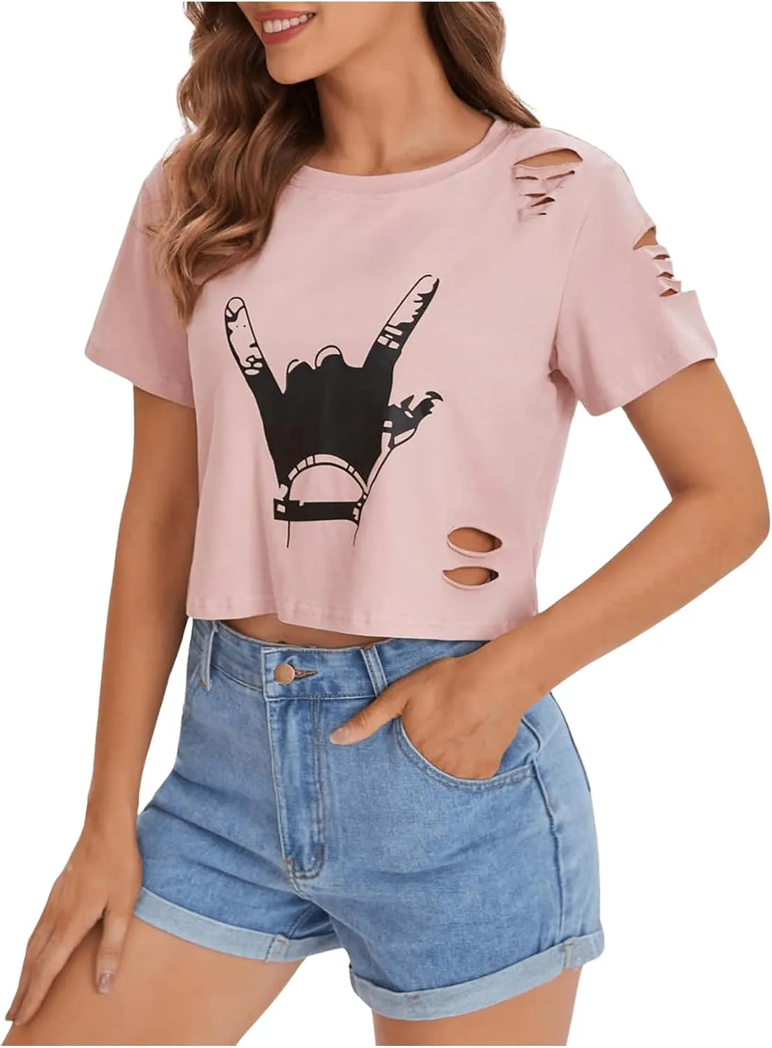 SweatyRocks Women's Short Sleeve T Shirt Graphic Print Distressed Crop Top