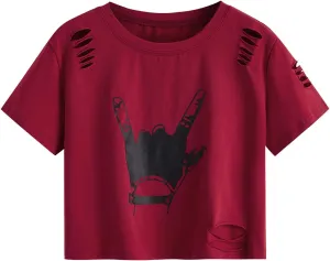 SweatyRocks Women's Short Sleeve T Shirt Graphic Print Distressed Crop Top