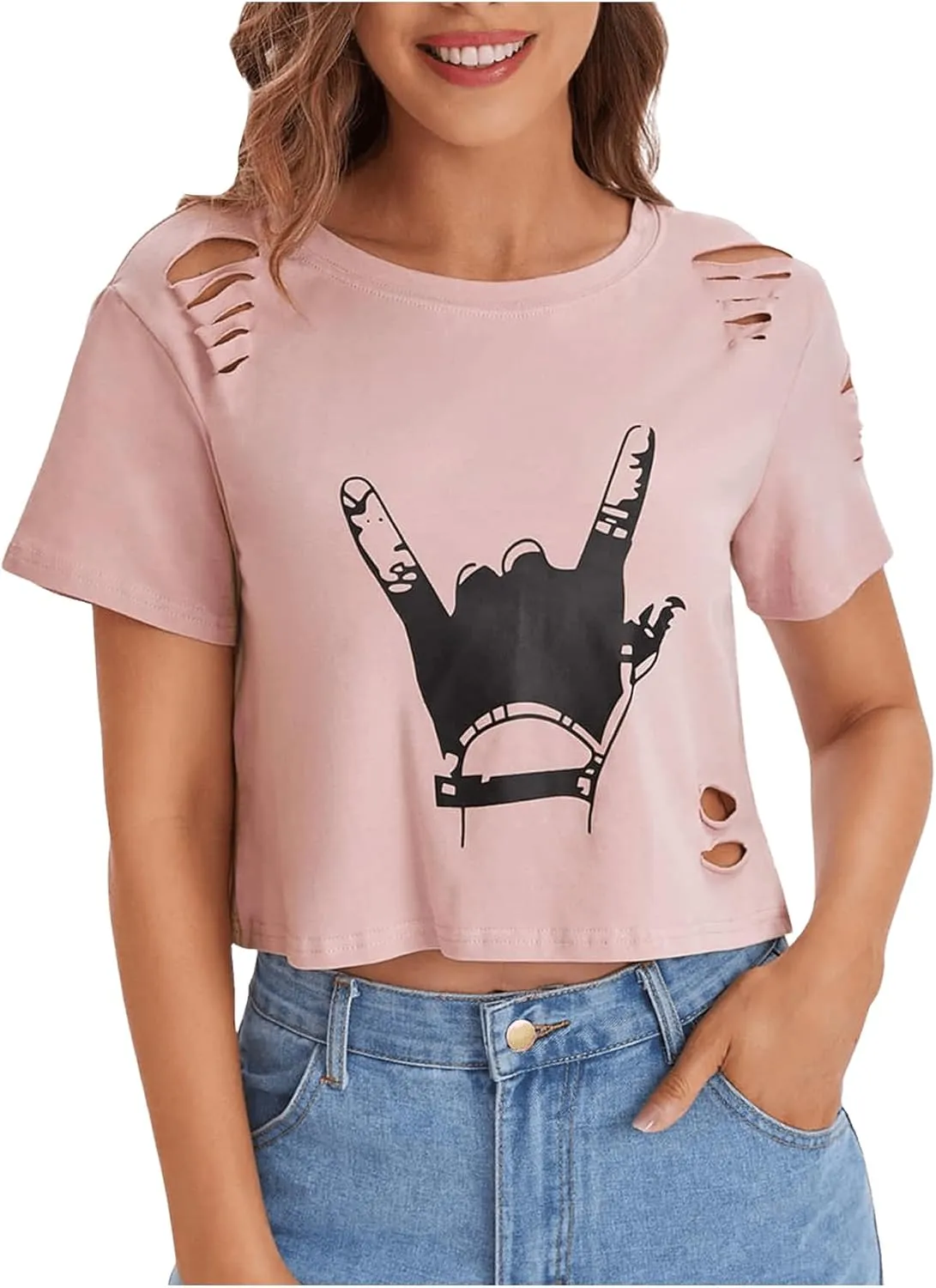 SweatyRocks Women's Short Sleeve T Shirt Graphic Print Distressed Crop Top
