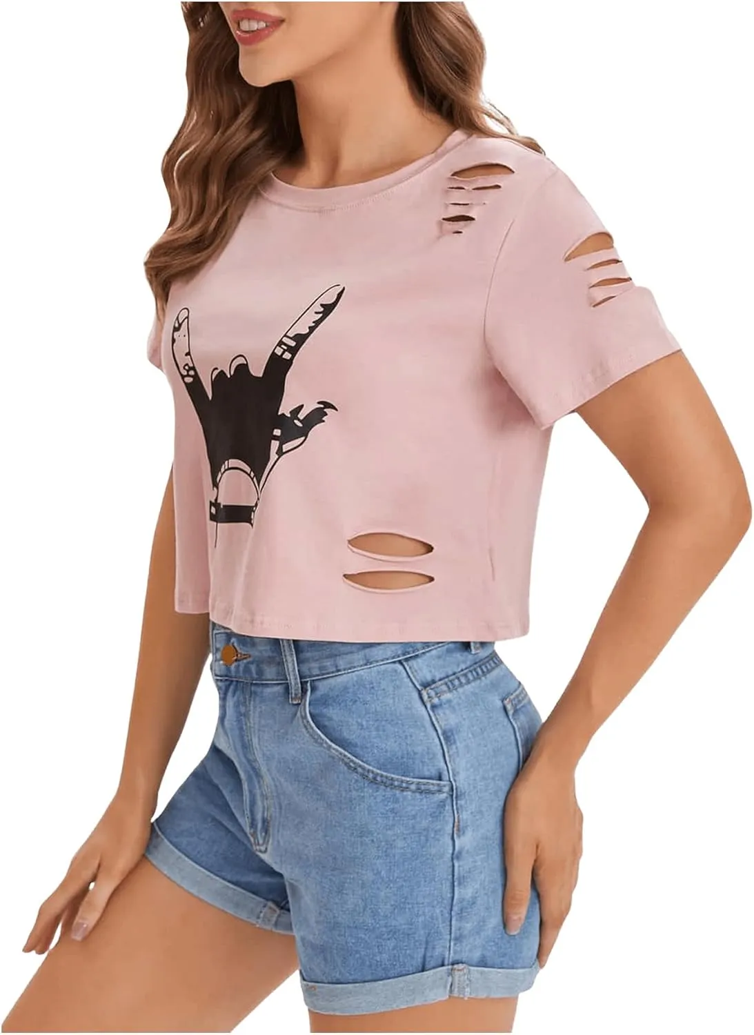 SweatyRocks Women's Short Sleeve T Shirt Graphic Print Distressed Crop Top