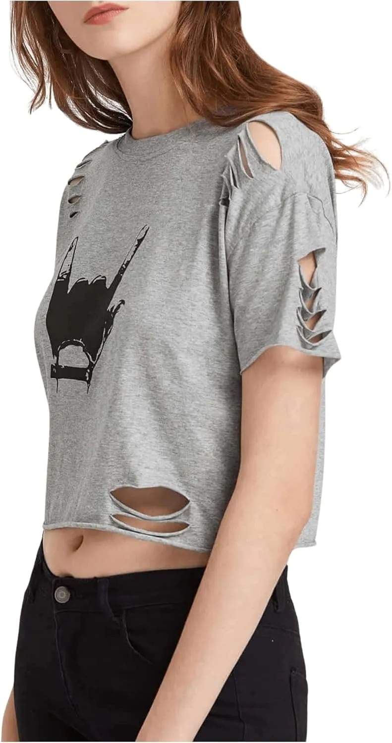 SweatyRocks Women's Short Sleeve T Shirt Graphic Print Distressed Crop Top